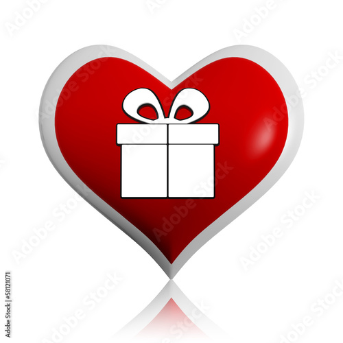 Illustration: present box symbol in red heart banner present box symbol in red heart banner