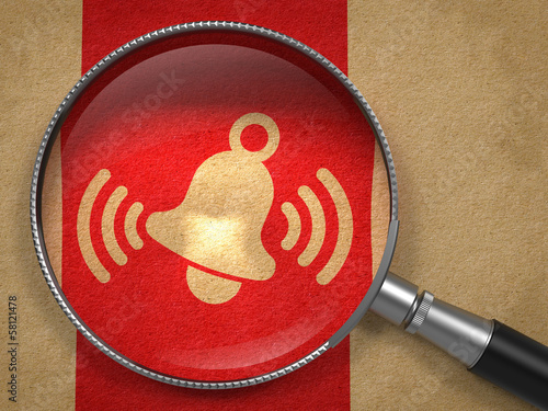 Illustration: Magnifying Glass with Ringing Bell Icon . Magnifying Glass with Ringing Bell Icon .