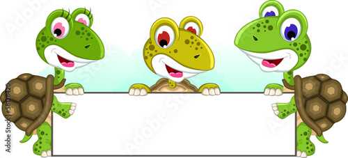 Vector: cute turtle cartoon holding balnk sign together cute turtle cartoon holding balnk sign together