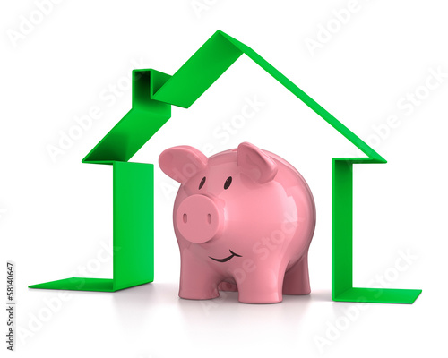 Illustration: Sparschwein in grünem Symbolhaus Sparschwein in grünem Symbolhaus