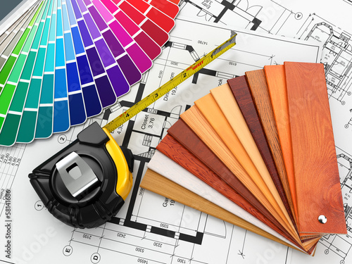 Illustration: interior design. Architectural materials tools and blueprints interior design. Architectural materials tools and blueprints