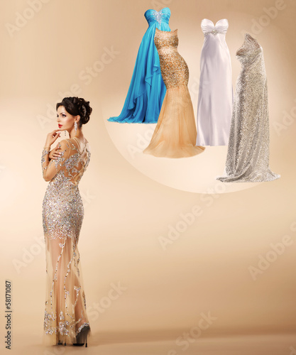 Photo: Young woman thinking which dress to wear on New Year's party . Young woman thinking which dress to wear on New Year's party .