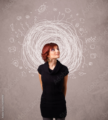 Photo: Pretty young girl with abstract circular doodle lines and icons Pretty young girl with abstract circular doodle lines and icons