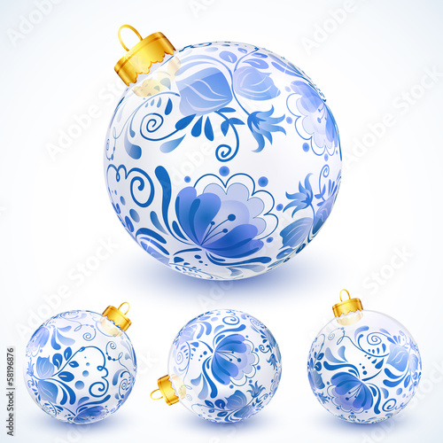 Vector: White christmas balls with blue floral ornament White christmas balls with blue floral ornament