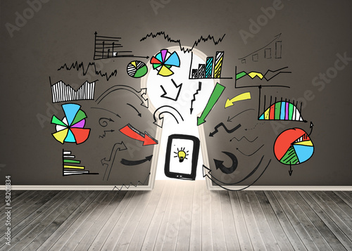 Illustration: Graphics over dark wall with keyhole Graphics over dark wall with keyhole