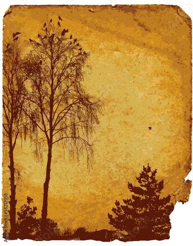 Vector: Old worn card with landscape Old worn card with landscape
