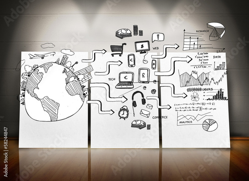 Photo: Black white graphic in room with screens Black white graphic in room with screens