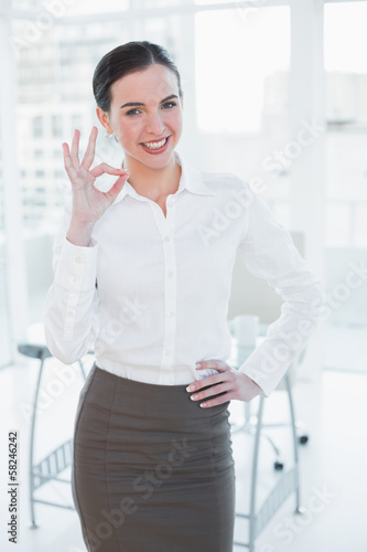 Photo: Elegant businesswoman gesturing ok sign in office Elegant businesswoman gesturing ok sign in office