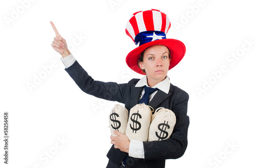 Photo: Businesswoman with sacks of money on white Businesswoman with sacks of money on white