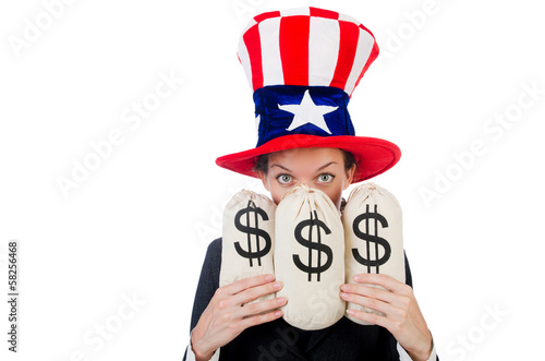 Photo: Businesswoman with sacks of money on white Businesswoman with sacks of money on white