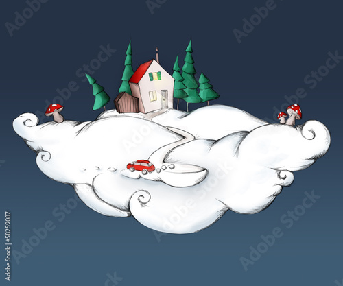Illustration: Weihnachtshaus auf Wolke mit Pilzen Weihnachtshaus auf Wolke mit Pilzen