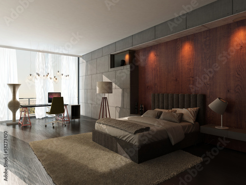 Illustration: Modern design bedroom interior with kingsize bed and wooden wall Modern design bedroom interior with kingsize bed and wooden wall