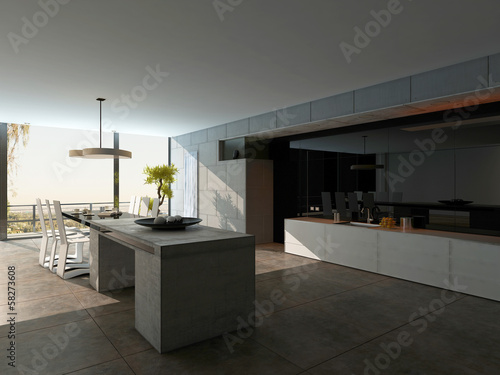 Illustration: Stylish design kitchen interior with stone cooking island Stylish design kitchen interior with stone cooking island