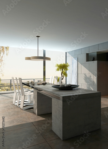 Illustration: Stylish design kitchen interior with stone cooking island Stylish design kitchen interior with stone cooking island