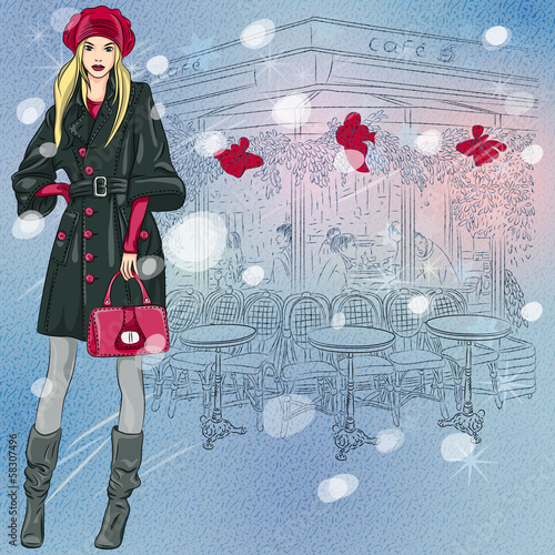 Vector: vector beautiful fashionable girl near the Christmas Parisian ca vector beautiful fashionable girl near the Christmas Parisian ca