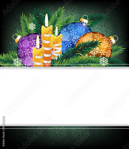 Vector: Christmas decorations and pine tree branches. Christmas decorations and pine tree branches.