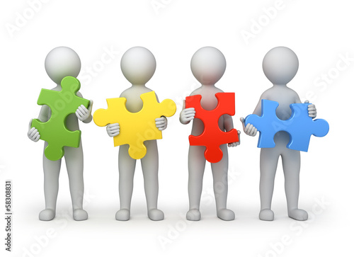 Illustration: teamwork, four persons with different puzzles. work path teamwork, four persons with different puzzles. work path