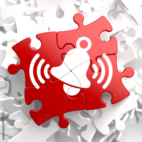 Illustration: Ringing White Bell Icon on Red Puzzle. Ringing White Bell Icon on Red Puzzle.