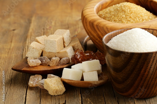 Photo: different kinds of sugar - brown, white, refined sugar different kinds of sugar - brown, white, refined sugar