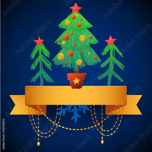 Illustration: Old paper with ribbons and gold garland. Christmas tree Old paper with ribbons and gold garland. Christmas tree