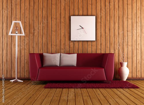 Illustration: wooden living room with red couch wooden living room with red couch
