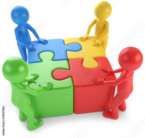 Illustration: Männchen_mit_vier_Puzzle_zusammen Männchen_mit_vier_Puzzle_zusammen