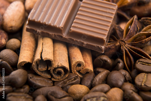 Photo: chocolate with coffee beans, spices and cacao chocolate with coffee beans, spices and cacao
