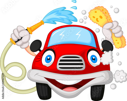 Vector: Cartoon car washing with water pipe and sponge Cartoon car washing with water pipe and sponge