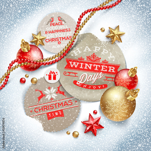 Vector: Labels with Christmas greeting and holiday decor on a snow Labels with Christmas greeting and holiday decor on a snow