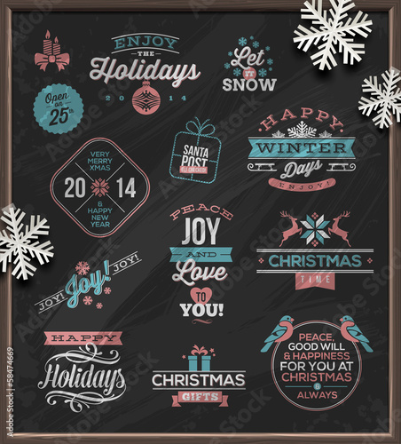 Vector: Christmas holidays signs, emblems and greetings on a chalkboard Christmas holidays signs, emblems and greetings on a chalkboard