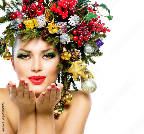 Photo: Christmas Woman. Christmas Holiday Hairstyle and Makeup Christmas Woman. Christmas Holiday Hairstyle and Makeup