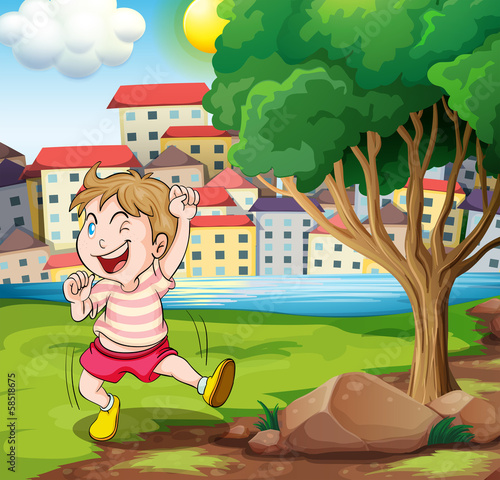 Vector: A happy kid near the tree at the riverbank beside the tall build A happy kid near the tree at the riverbank beside the tall build