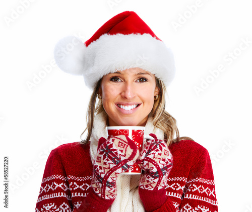 Photo: Christmas woman drinking hot tea. Christmas woman drinking hot tea.
