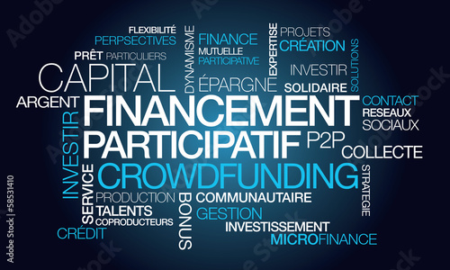 Illustration: Financement participatif crowdfunding nuage de mots illustration Financement participatif crowdfunding nuage de mots illustration