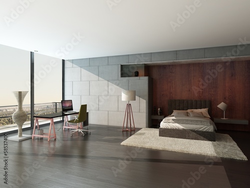 Illustration: Modern design bedroom interior with wooden and stone wall Modern design bedroom interior with wooden and stone wall