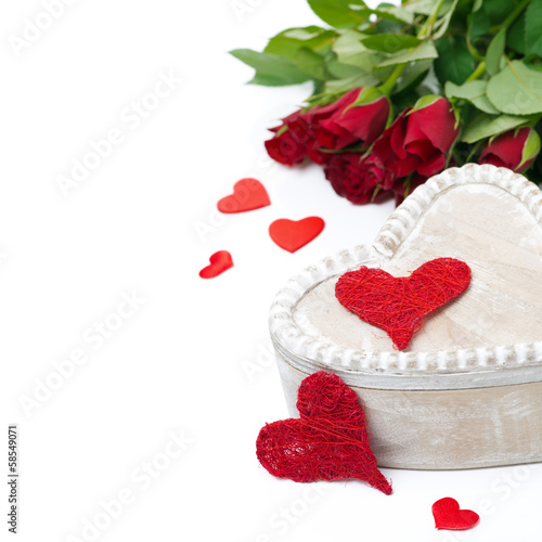 Photo: wooden box, red hearts and roses for Valentine's Day wooden box, red hearts and roses for Valentine's Day