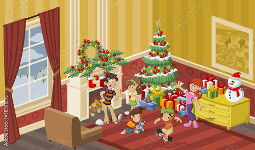 Vector: Happy cartoon family in the house on christmas night Happy cartoon family in the house on christmas night