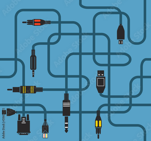 Vector: Different modern connection plugs and wires. Seamless background Different modern connection plugs and wires. Seamless background