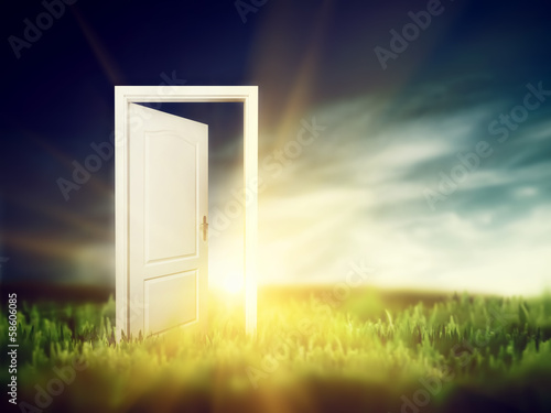 Photo: Open door on the green field. Conceptual Open door on the green field. Conceptual