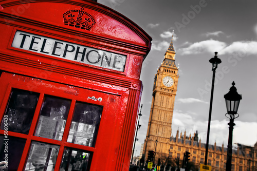  Red telephone booth and Big Ben in London, England, the UK