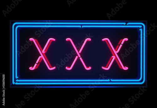 Illustration: XXX neon sign illuminated over dark background XXX neon sign illuminated over dark background