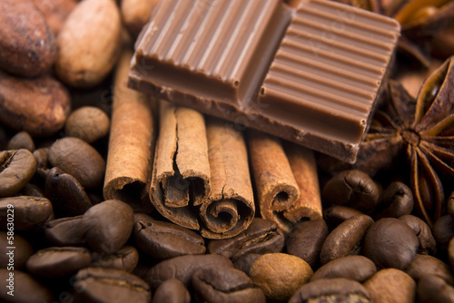 Photo: chocolate with coffee beans, spices and cacao chocolate with coffee beans, spices and cacao