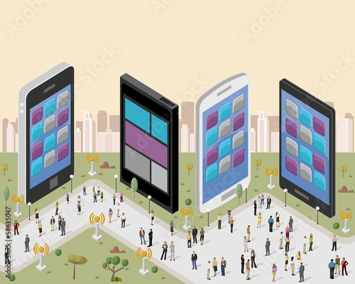 Vector: Business people in a city with smart phones Business people in a city with smart phones