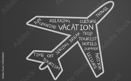 Illustration: Vacation word cloud in plane shape Vacation word cloud in plane shape