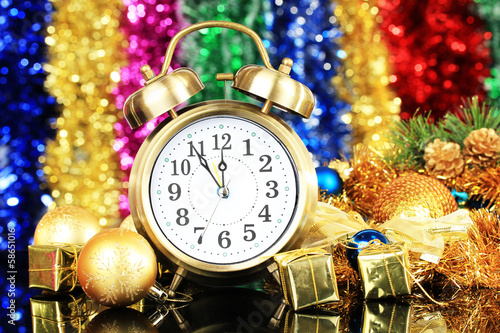 Photo: Composition of clock and christmas decorations Composition of clock and christmas decorations
