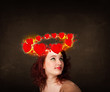 teenager girl with heart illustrations circleing around her head teenager girl with heart illustrations circleing around her head