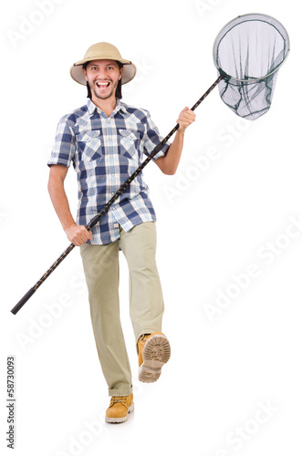 Photo: Funny guy with catching net on white Funny guy with catching net on white