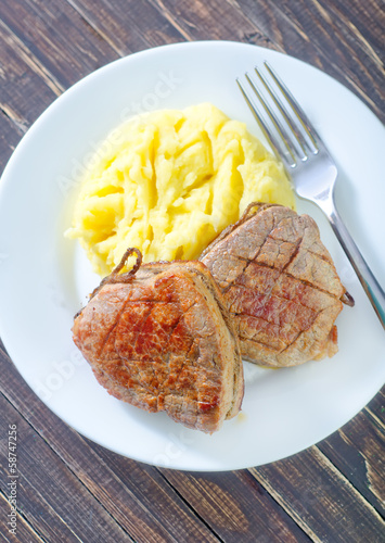 Photo: mashed potato and fried meat mashed potato and fried meat