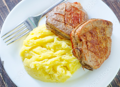 Photo: mashed potato and fried meat mashed potato and fried meat