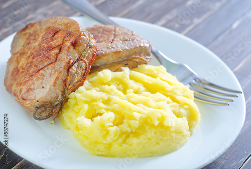 Photo: mashed potato and fried meat mashed potato and fried meat